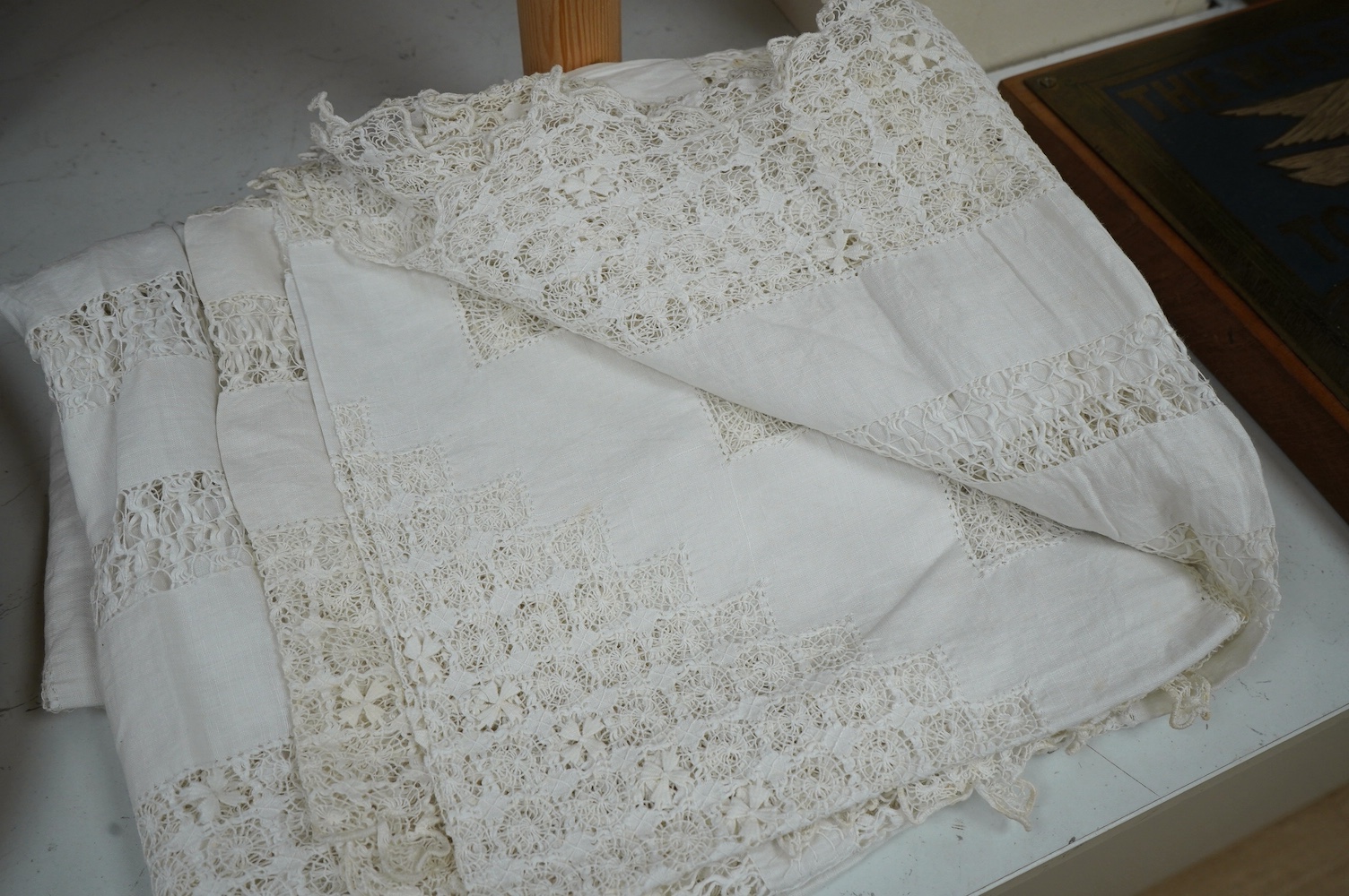 A fine linen drawn thread worked bedspread, 264cm x 220cm. Condition - good